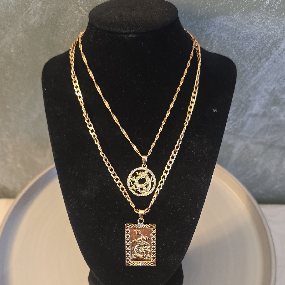 2 Gold Layered Dragon Necklace Set, Wear Together Or Apart Chain Link New